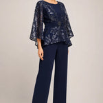 Sheer Bell Sleeve Embellished Evening Pant Set