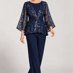 Sheer Bell Sleeve Embellished Evening Pant Set