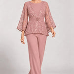 Sheer Bell Sleeve Embellished Evening Pant Set