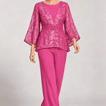 Sheer Bell Sleeve Embellished Evening Pant Set