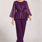 Sheer Bell Sleeve Embellished Evening Pant Set