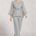Sheer Bell Sleeve Embellished Evening Pant Set