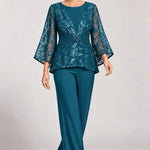 Sheer Bell Sleeve Embellished Evening Pant Set