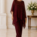 Embroidered Chiffon Overlay Mother of the Bride Pant Suit