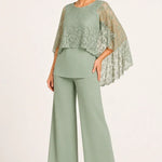 Lace Cape Mother of the Bride Pant Suit with Wide Legs