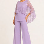 Lace Cape Mother of the Bride Pant Suit with Wide Legs