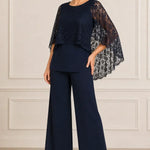 Lace Cape Mother of the Bride Pant Suit with Wide Legs
