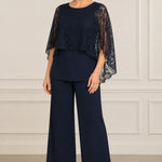 Lace Cape Mother of the Bride Pant Suit with Wide Legs
