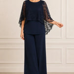 Lace Cape Mother of the Bride Pant Suit with Wide Legs
