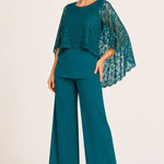 Lace Cape Mother of the Bride Pant Suit with Wide Legs