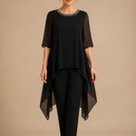 Layered Chiffon Capelet Pant Suit with Wide-Leg Pants