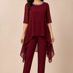 Layered Chiffon Capelet Pant Suit with Wide-Leg Pants
