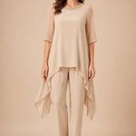 Layered Chiffon Capelet Pant Suit with Wide-Leg Pants