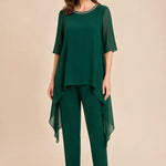 Layered Chiffon Capelet Pant Suit with Wide-Leg Pants