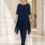 Layered Chiffon Capelet Pant Suit with Wide-Leg Pants