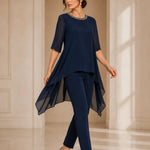 Layered Chiffon Capelet Pant Suit with Wide-Leg Pants