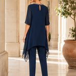 Layered Chiffon Capelet Pant Suit with Wide-Leg Pants