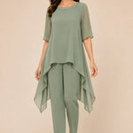 Layered Chiffon Capelet Pant Suit with Wide-Leg Pants