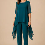 Layered Chiffon Capelet Pant Suit with Wide-Leg Pants