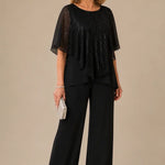Sequin Capelet Chiffon Pant Suit with Wide-Leg Pants