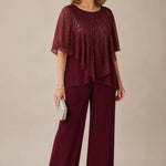 Sequin Capelet Chiffon Pant Suit with Wide-Leg Pants