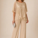 Sequin Capelet Chiffon Pant Suit with Wide-Leg Pants