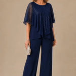 Sequin Capelet Chiffon Pant Suit with Wide-Leg Pants