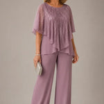 Sequin Capelet Chiffon Pant Suit with Wide-Leg Pants