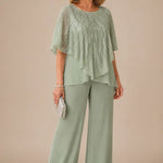 Sequin Capelet Chiffon Pant Suit with Wide-Leg Pants