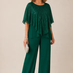 Sequin Capelet Chiffon Pant Suit with Wide-Leg Pants