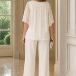 Sequin Capelet Chiffon Pant Suit with Wide-Leg Pants