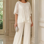 Sequin Capelet Chiffon Pant Suit with Wide-Leg Pants