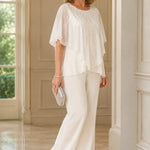 Sequin Capelet Chiffon Pant Suit with Wide-Leg Pants