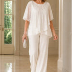 Sequin Capelet Chiffon Pant Suit with Wide-Leg Pants