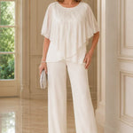Sequin Capelet Chiffon Pant Suit with Wide-Leg Pants