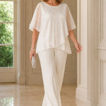 Sequin Capelet Chiffon Pant Suit with Wide-Leg Pants