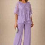Sequin Capelet Chiffon Pant Suit with Wide-Leg Pants