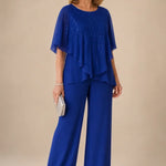 Sequin Capelet Chiffon Pant Suit with Wide-Leg Pants