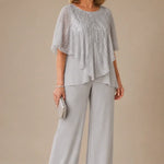 Sequin Capelet Chiffon Pant Suit with Wide-Leg Pants