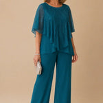 Sequin Capelet Chiffon Pant Suit with Wide-Leg Pants
