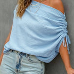 Skew Neck Drawstring Sleeve Loose Fit Casual Top
