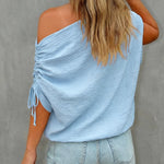 Skew Neck Drawstring Sleeve Loose Fit Casual Top