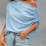 Skew Neck Drawstring Sleeve Loose Fit Casual Top