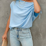 Skew Neck Drawstring Sleeve Loose Fit Casual Top