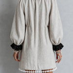 Color-Block Lettuce-Edge Puff Sleeves Tassels Shift Mini Dress