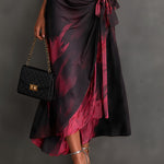 Red Black Abstract Print Wrap Midi Dress Collared V Neck Short Sleeve Tie Waist Ruffled High‑Low Hem Dress