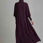 Women's Plum Draped Cotton-Blend Jersey Elegant Turtleneck Embroidered Maxi Dress