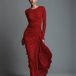 Women's Black Elegant Jersey Knit Ruched Maxi Dress