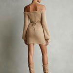 Women's Camel Elegant Fuzzy Knit Off - The - Shoulder Belted Mini Dress