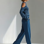 Women's Blue Elegant Ribbed Knit Cold - Shoulder Sweater And Wide - Leg Pants Set